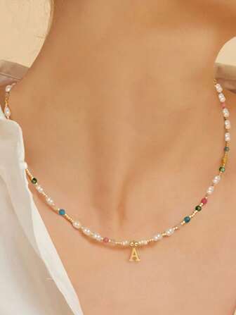 波西米亚风手工米珠项链26字母颈链锁骨链彩色女沙滩不锈钢项链饰品