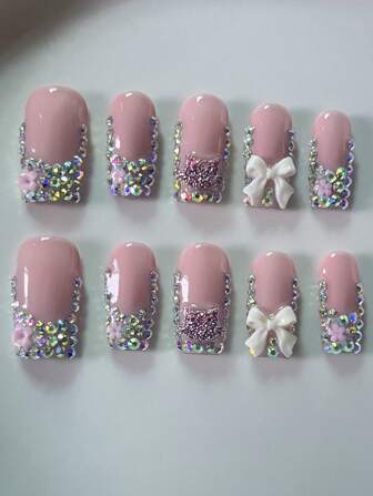 10 / Set Handmade Y2K Style Square Nail Tip, With Nude, White Bow, Ab Rhinestone, Small Flower, Cute Kitten Head Decoration. Suitable For Women And Girls To Wear At Parties, Dancing, Everyday Life. Including Nail Tools. Can Be Given As A Gift. Press On Nails Nail Supplies Nails