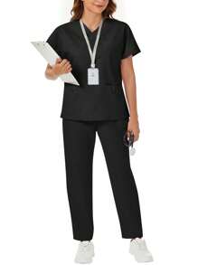 Plus Size Women's V-Neck Double Pockets Top With Elastic Waist Pants Uniform Set Scrub Set - Black - View 3