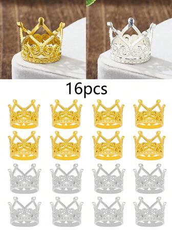 16pcs Glitter Alloy Mini Princess Crown Set, Including Flower Decor And Party Supplies, Holiday Crown Bundle, Suitable For Party Favors And Bouquet Accessories