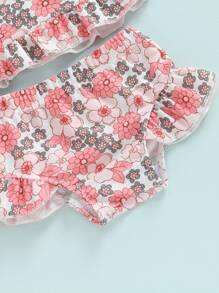 Traje de baño de bikini para niña, sin mangas, con hombros descubiertos, chaleco corto, para playa, piscina, pantalones cortos con volantes, traje de baño - Rosa intenso - Ver 6