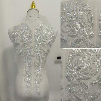1 Pair Beaded Embroidered Lace Flower Appliques, DIY Bridal Gown, Dress Decorative Sewing Trims