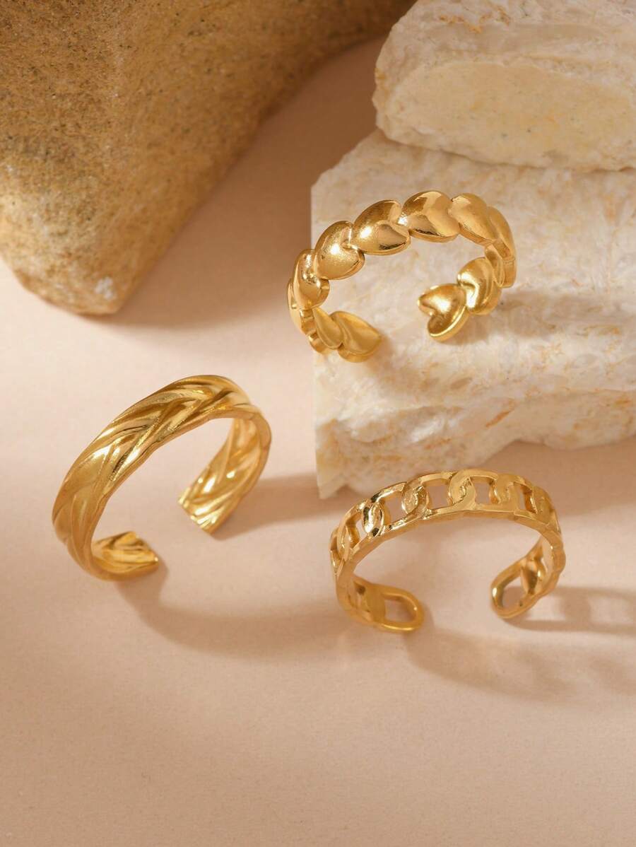 3 buc Inele deschise de damă Oțel inoxidabil placat cu aur de 18k stil minimalist Proces de ștanțare cu lanț artificial pentru uzură zilnică Bijuterii de vacanță pe plajă Cadou de Ziua Mamei