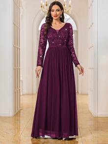 MIUSOL 亮片花卉蕾丝深 V 领长袖雪纺开叉大腿晚会长裙、正式礼服、礼服，适合婚礼宾客