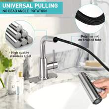 A 4-In-1 Bathroom Faucet, Matte Black Modern Single-Handle Pull-Out Bathroom Sink Faucet, 1 Hole Or 3 Holes, With Pop-Up Drain And Base Mounting Plate, Stainless Steel Faucet For Bathroom Sink Vanity
