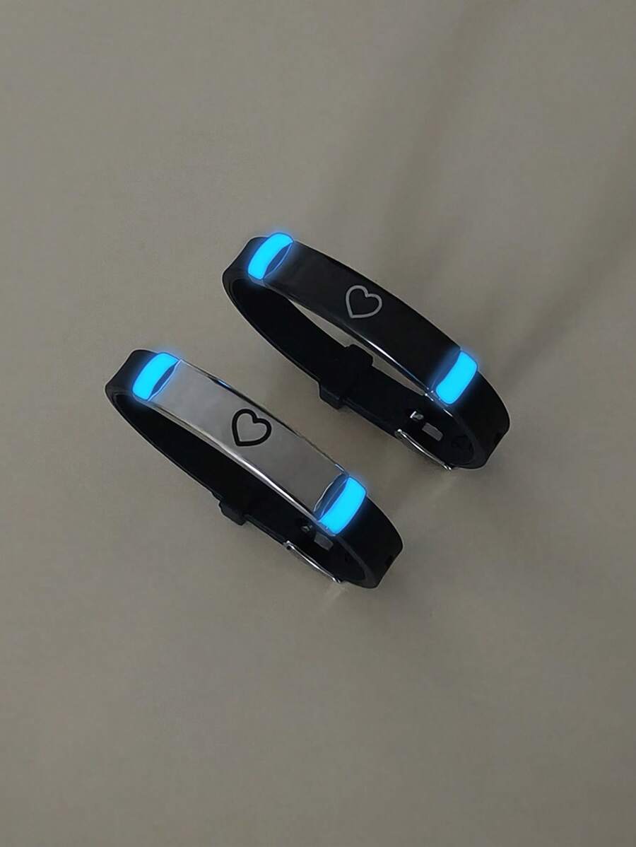 ATLVXJL 2pcs/Set Glow-In-The-Dark Minimalist Heart Decor Couple/Friendship Bracelet Set, Casual Accessory Suitable For Daily Wear, Valentine's Day And Halloween Gift