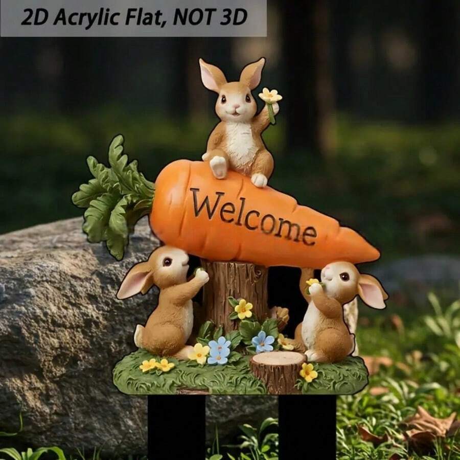 1 szt. Nowy 2D akrylowy słodki marchewkowy królik ogrodowy trawnikowy kołek, dekoracja doniczki ogrodowej