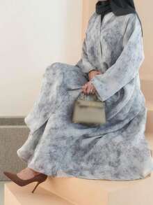 1pc Lightweight, Breathable, Flowing And Elegant Simplest Design Tie-Dye Abaya Robe, Suitable For Everyday Wear & Events, Modest Kaftan - Light Grey - View 2