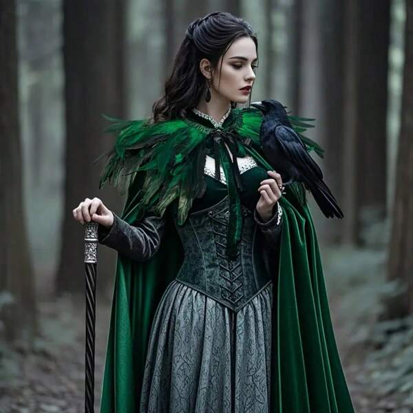 2pcs/Set Extra Long Viking Vintage Wizard Cloak & Feather Cape, Halloween, Carnival, Stage Performance Costume Green Cape