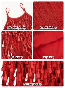 LONTAKIDS Girls Sequin Fringe Party Dress Fringe Flapper Dress Salsa Cha Cha Tassel Latin 2Pcs Dance Dress & Shorts Adjustable Spaghetti Strap 5-13 Yrs - 紅色 - 查看 8