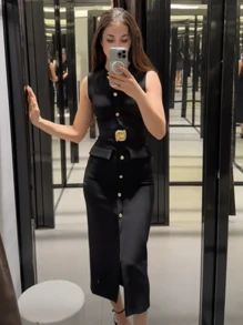 HZXVIC 女款新款黑金鈕扣無袖洋裝，優雅風格，收腰A字版型，辦公室時尚夏季款 - 黑色 - 查看 9