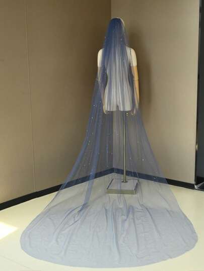 1pc Blue Glitter Long Train Bridal Veil, Suitable For Party, Gift, Photography Props, Wedding Dress Accessory With Comb