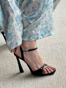 春夏小众方头水晶装饰缎面高跟鞋，细高跟方头性感明星搭扣凉鞋，黑色 - 黑色 - 查看 2