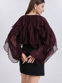 优雅性感的假日风情，休闲又不失优雅的酒红色半透明层叠装饰雪纺宽松衬衫，适合初秋的音乐会和圣诞节穿着。