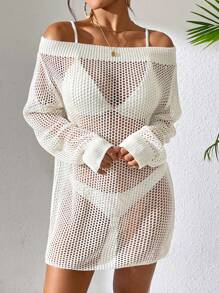 Women's Solid Color Off Shoulder Hollow Out Cover-Up Dress For Beach Vacation - White - View 1