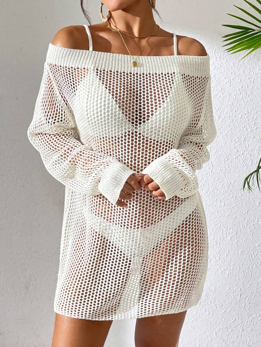 Women's Solid Color Off Shoulder Hollow Out Cover-Up Dress For Beach Vacation - White - View 1