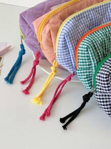 Estuche de lápices con diseño de color block y cuadros, estuche de lápices de diseño básico y suave para papelería, estudiantes, niñas, cosméticos y artículos varios, de vuelta a la escuela, útiles escolares, estuche de lápices, mochila escolar