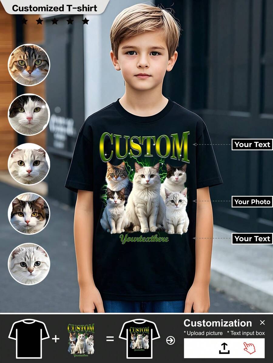 Customized Children's T-Shirt, Comfortable, Breathable T-Shirt, Exclusive Customization, Upload Text/Images, Cartoon Images, Exclusive Gifts. - Black - View 1