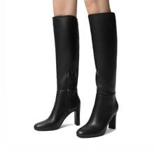 Women's Knee-High Boots, Comfortable Chunky Block Heel Pointed Toe Pull On Side Zipper Suede Slouch Riding Boots - Black/PU - View 2