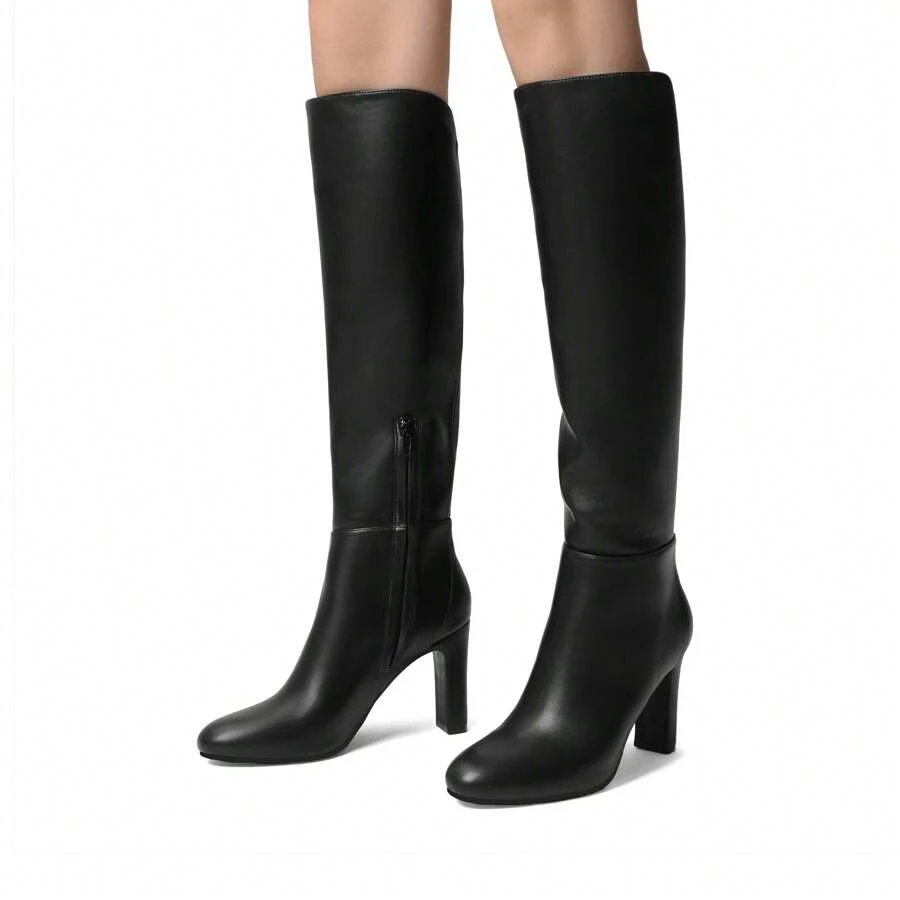 Women's Knee-High Boots, Comfortable Chunky Block Heel Pointed Toe Pull On Side Zipper Suede Slouch Riding Boots