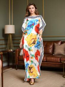 1pc Women Floral Printed Faux Silk Long Scarf With Hijab, Loose Plus Size Shawl For Homewear, Suitable For Summer & Autumn, Indoors And Air-Conditioned Rooms, Abaya Hijab, Modest Kaftan