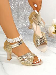 2025 New Sequin Upper Sparkling And Comfortable Casual Women's High Heels. Peep-Toe Design. Fashionable Beach Party Women's High Heels. Silver High Heels. Gold High Heels.