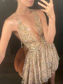 Glitter Sexy Sequin Patched Criss Cross Backless Mini Party Dress, Suitable For Beach, Party, Music Festival - Champagne - View 3