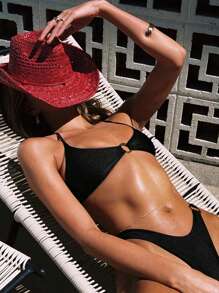 Women's Solid Color Metal Ring Detachable Strap Bikini Set, Summer - Black - View 1