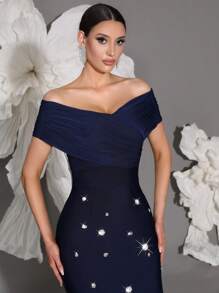 Off Shoulder Handmade Beaded Bodycon Bandage Dress, Sexy & Fitted, Suitable For Family Gatherings, Parties, Banquets, Formal Occasions - Royal Blue - View 2