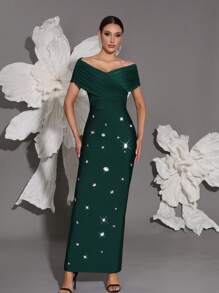 Off Shoulder Handmade Beaded Bodycon Bandage Dress, Sexy & Fitted, Suitable For Family Gatherings, Parties, Formal Events - Dark Green - View 7