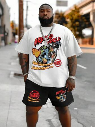 2 件/套男士加大码印花短袖 T 恤和透气短裤，适合日常春夏季