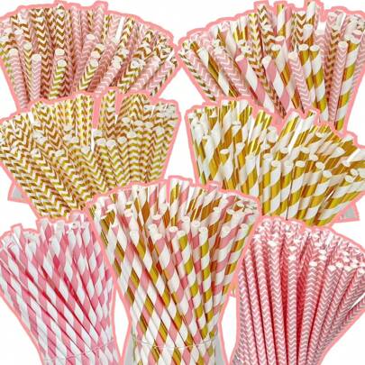 25pcs/100pcs Gold & Pink Disposable Paper Straws, Suitable For Wedding, Party, Baby Shower, Wedding And Birthday Supplies, Home And Party Decorations