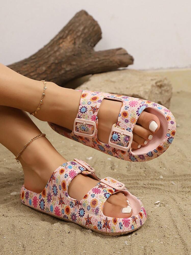 女士厚底豹纹平底拖鞋，可调节带子，双扣休闲沙滩拖鞋，加大码，适合度假、旅行、居家、宿舍，个性化印花凉鞋 - 粉紅色碎花 - 查看 5