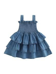 Vestido lencero para bebé niña, sin mangas, plisado, de 3 capas, liso, para verano, informal, diario. - Azul - Ver 7