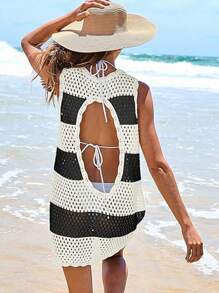 Womens Swimsuit Cover Up Sleeveless Knit Summer Outfits Swimwear Bathing Suit Coverup Crochet Backless Hollow-Out Beach Dress - 條紋 - 查看 2