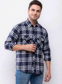Men's Long Sleeve Plaid Flannel Shirt - 藏蓝色 - 查看 1
