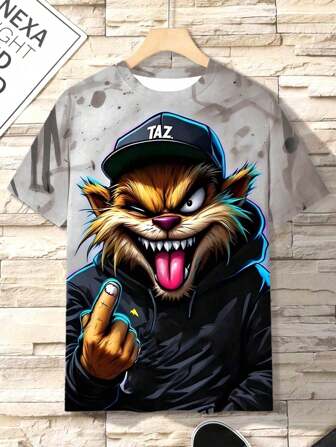 3D 数码卡通动物印花加大码男式 T 恤，休闲舒适圆领短袖套头衫