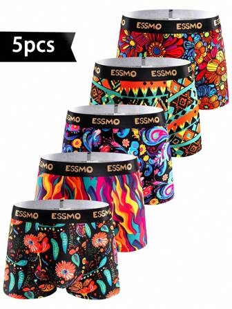 5pcs Pack Men's Seamless Graffiti Printed Basic Boxer Briefs, Gifts, Summer Shorts