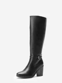 Women's Knee-High Boots, Comfortable Chunky Block Heel Pointed Toe Pull On Side Zipper Suede Slouch Riding Boots - Black/PU - View 4