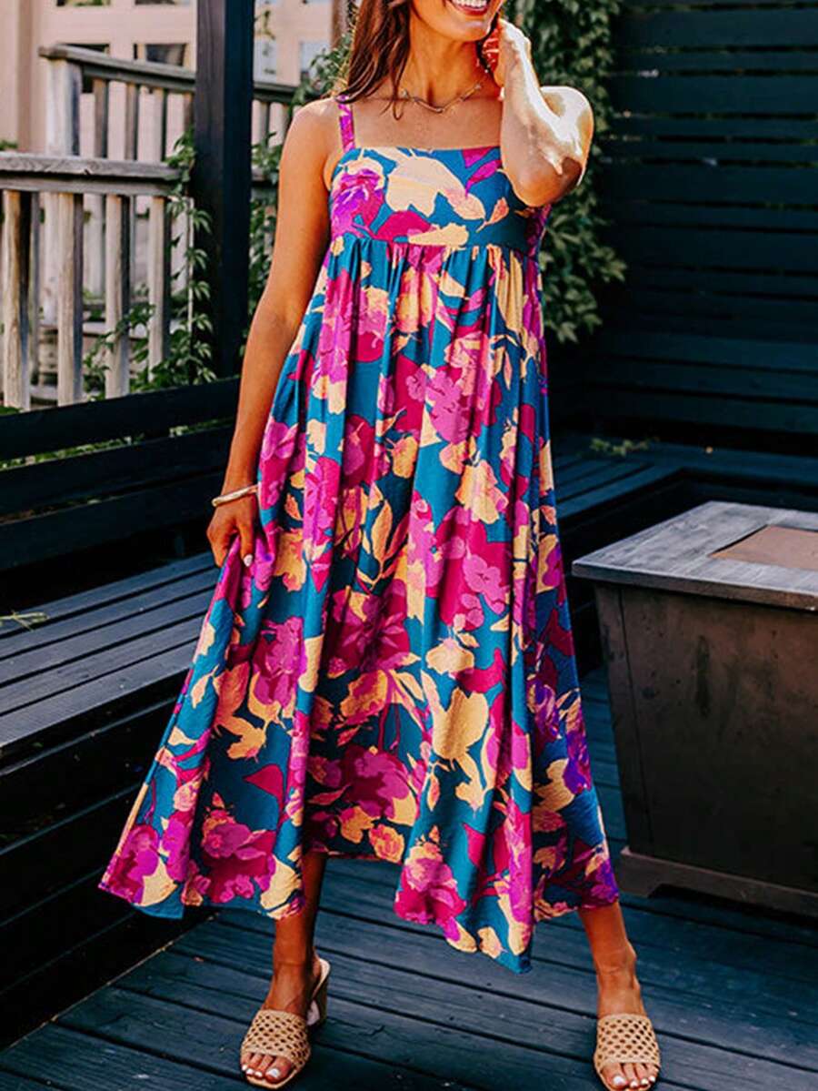 Acelitt Navy Blue Ditsy Floral High Waist Sleeveless Flare Maxi Dress - Multicolor - View 1