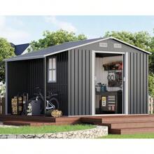 Outdoor Storage Shed With Sliding Doors And Two 4-Pane Windows – Open Design For Firewood And Equipment Storage, Dark Grey And White - 10.6x6.8x6.3 英尺 - 查看 1
