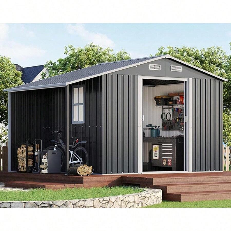 Outdoor Storage Shed With Sliding Doors And Two 4-Pane Windows – Open Design For Firewood And Equipment Storage, Dark Grey And White - 10.6x6.8x6.3 英尺 - 查看 1