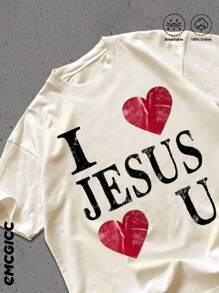 Y2K, I JESUS U,My Love ...Fashionable Cotton Men's T-Shirt, Multi-Color Optional, Surprise Gift For Friends And Family, Christmas Drop Shoulder Sleeves Round Neck - 杏色 - 查看 3
