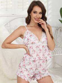 Set de 2 piezas de pijama para mujer, camiseta fina con estampado floral sexy y short con volantes para usar en casa, conjunto de verano elegante y cómodo, para vacaciones