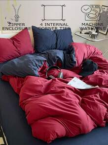 3 件套勃艮第红和海军蓝双面柔软宿舍/卧室羽绒被套套装，1 个羽绒被套和 2 个枕套，可机洗，不含填充物 - 紅色 - 查看 2