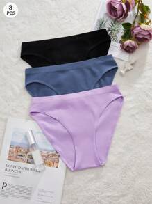 paquete de 3 bragas sin costuras de color liso con corte en V para mujeres