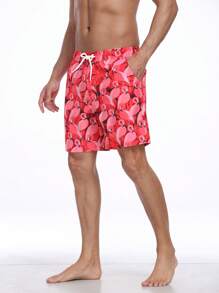 Men's Quick Dry Beach Shorts, Casual Holiday Printed Loose Double Layer Swim Trunks, Silky Lining, Summer - Red - View 3