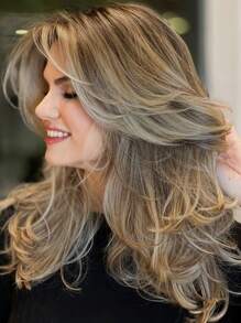 Parrucca lunga da 22 pollici con onde e frangia, colore castano sfumato con riflessi biondi, adatta per donna, resistente al calore, parrucca sintetica per uso quotidiano, feste e cosplay