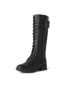 Women's Camel Faux Leather Pu Knee High Riding Combat Boots - Black - View 6