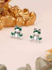 1 Pair Fashionable Green Frog Stud Earrings, Creative & Versatile Animal Ear Jewelry For Girls - Green - View 4
